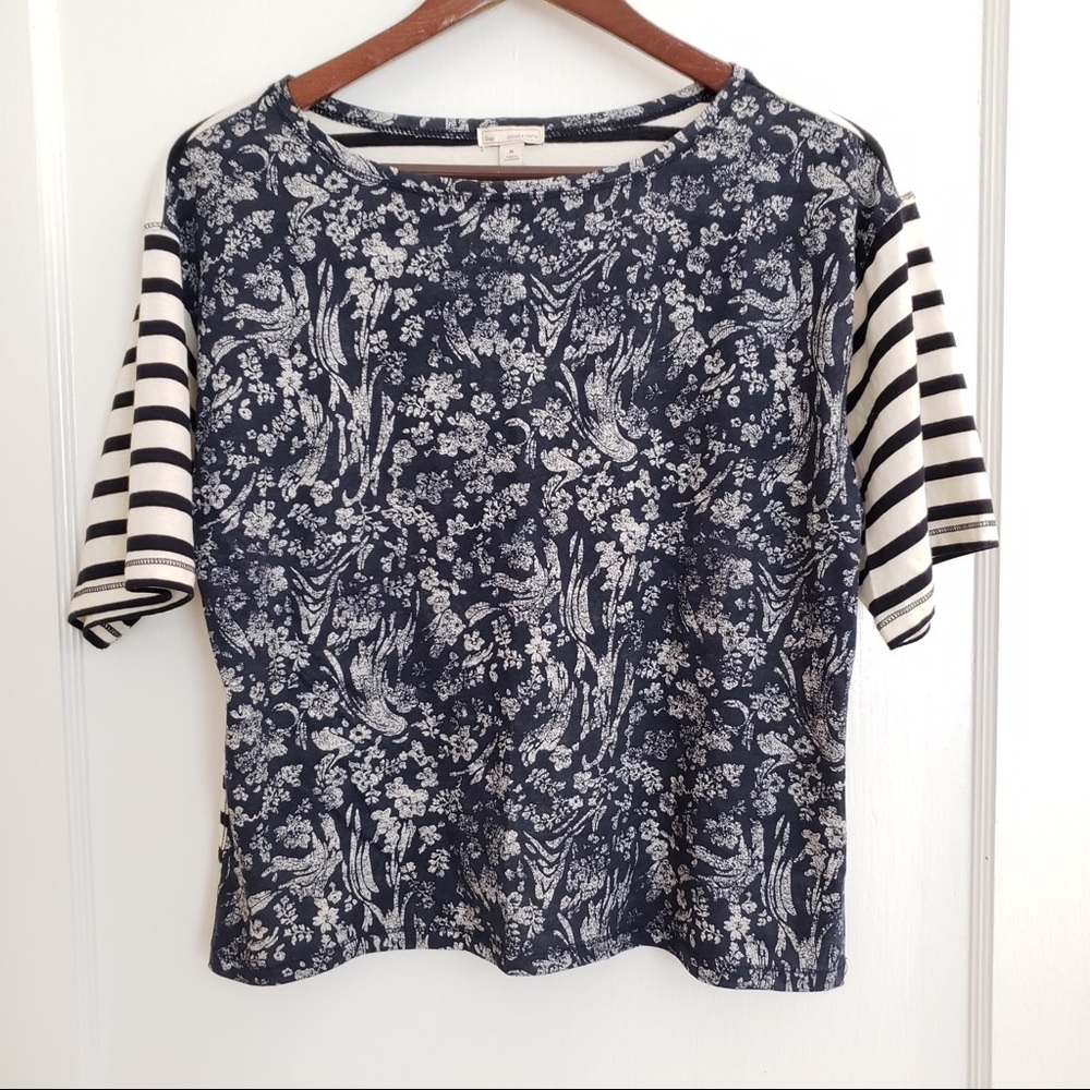 Floral Print and Striped Quarter Sleeve Tee